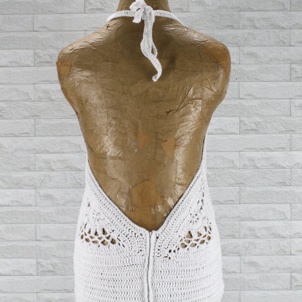 HAND CRAFTED Crochet Dress Halter White Cotton Wedding Coastal Cowgirl Bridal - Picture 7 of 16